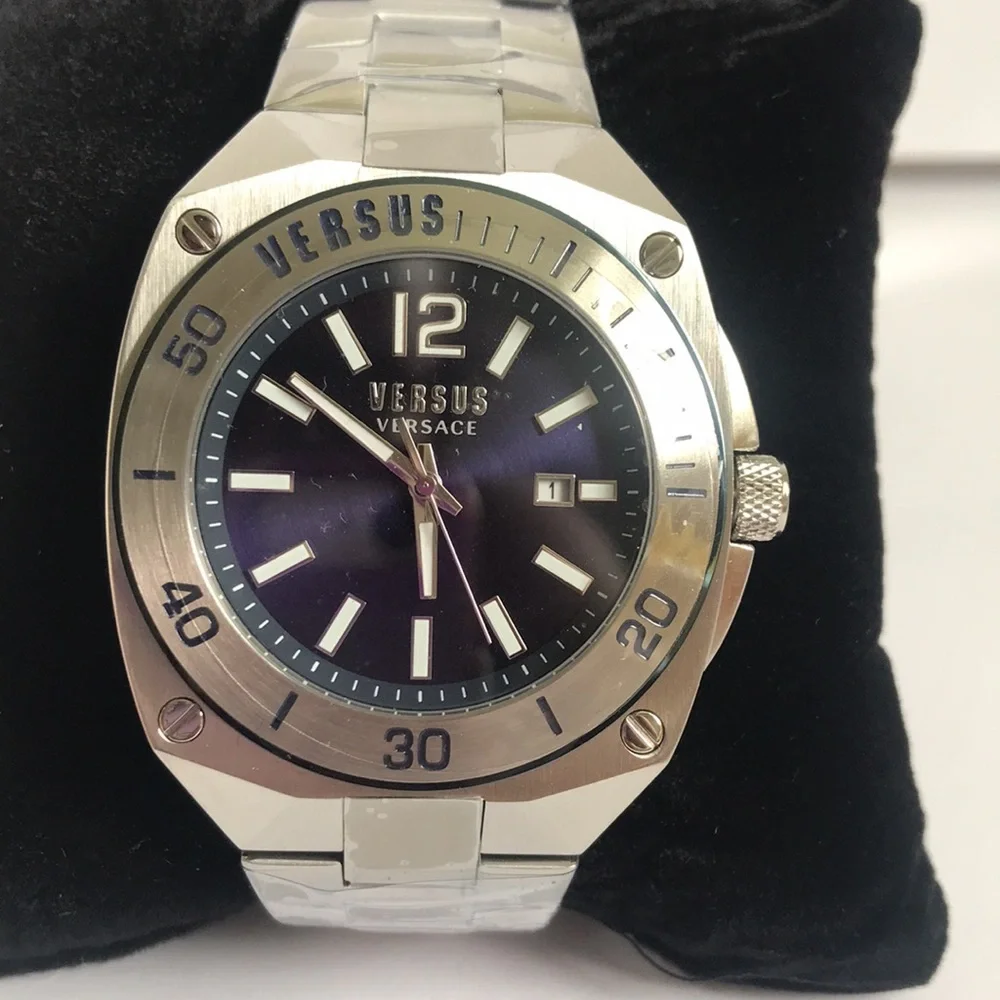 Versus Versace Silver Stainless Steel Watch with Deep Blue Dial